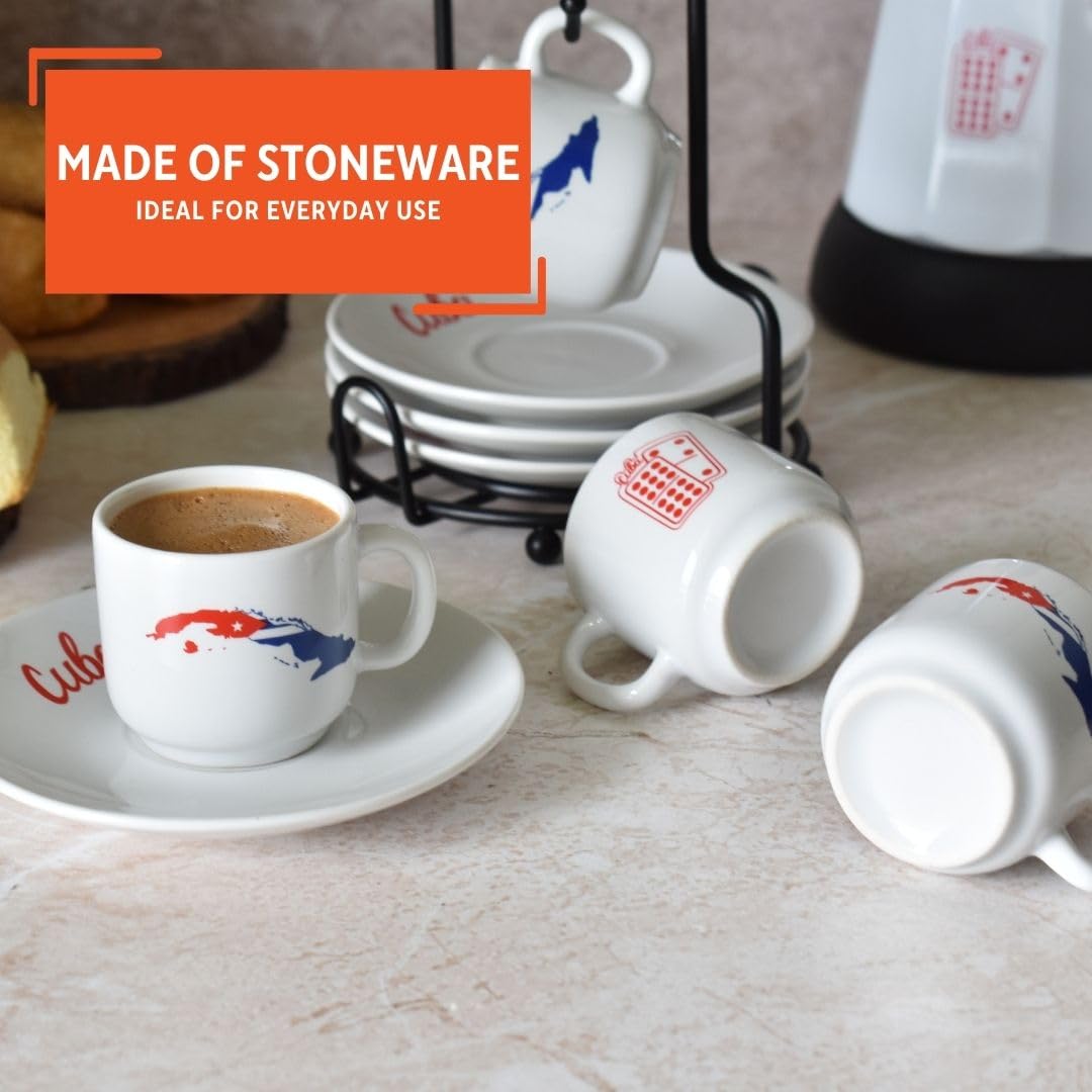 IMUSA Juego de 8 tazas de expreso de Cuba con platillos y estante de 1.5 oz