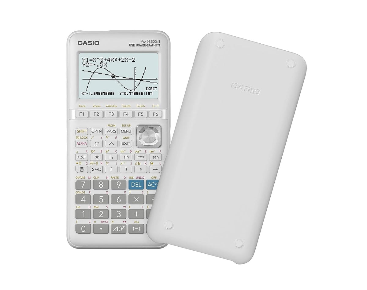 Casio Calculadora Graficadora fx‑9860GIII, Color Blanca, +2900 Funciones, Solar y Batería, Nivel Universidad