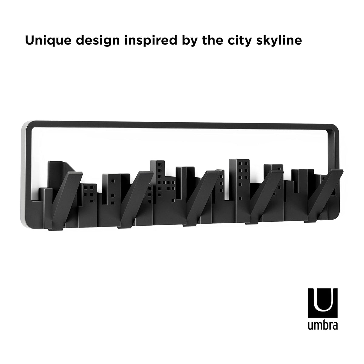 Umbra Skyline Perchero Decorativo de Pared con 5 Ganchos Retráctiles para Colgar Bolsas y Abrigos, Negro