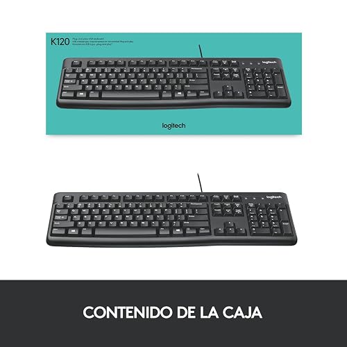 Logitech K120 Teclado con Cable para Windows, Plug-and-Play USB, Tamaño Normal, Resistente a Las Salpicaduras, Barra Espaciadora Curvada, Compatible con PC, Laptop - Negro
