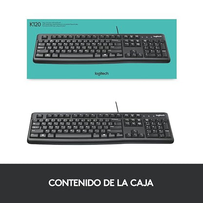 Logitech K120 Teclado con Cable para Windows, Plug-and-Play USB, Tamaño Normal, Resistente a Las Salpicaduras, Barra Espaciadora Curvada, Compatible con PC, Laptop - Negro