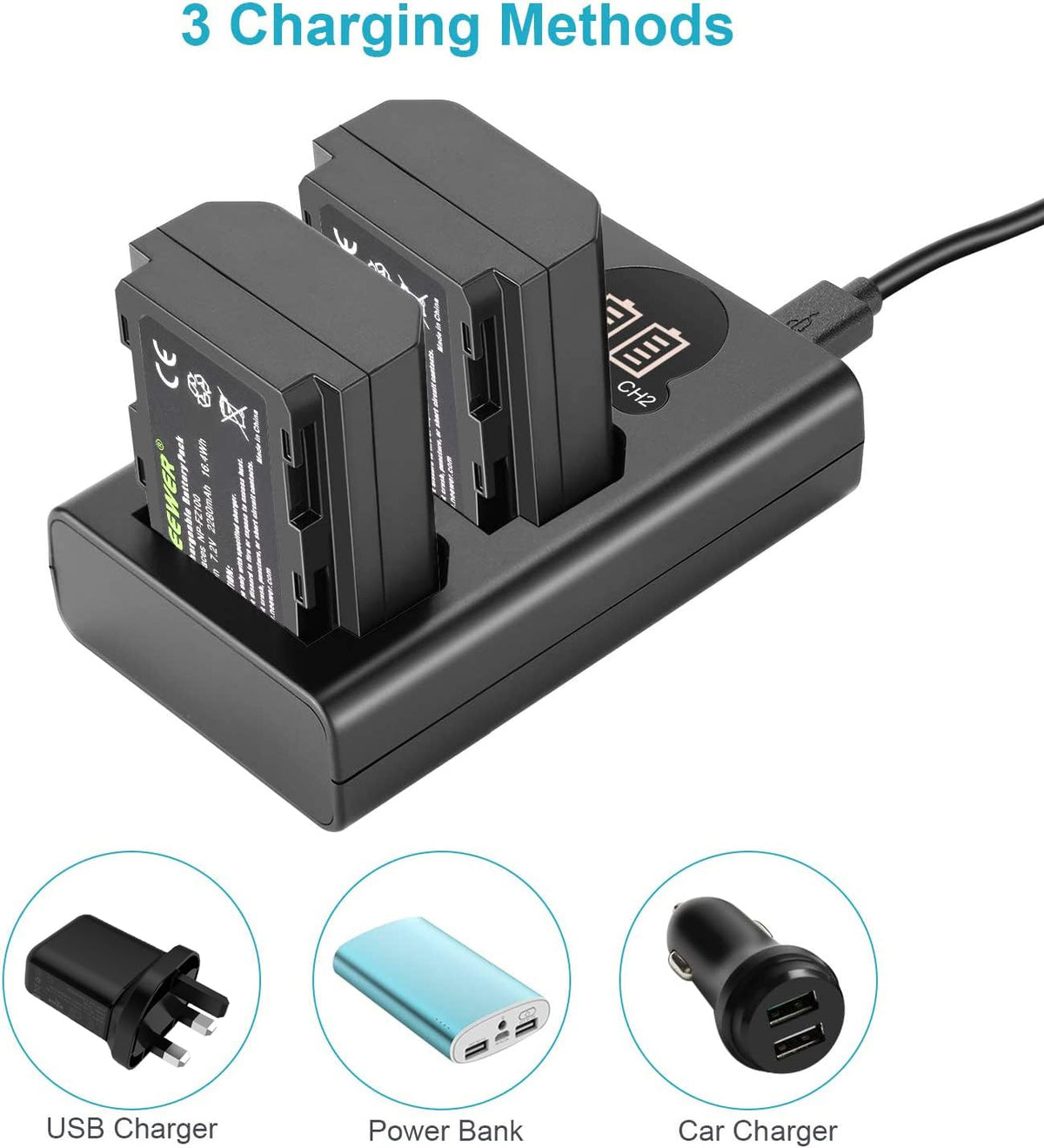 NEEWER NP-FZ100 2280mAh batería de Repuesto y Cargador con visualización LCD, 2 Paquetes, Compatible con Sony ZV-E10II A9III A7CII ZV-E1 A7III A7IV FX3 FX30 A6700 A1 A7C A7CR A7RIV A7RV A7SIII A9II