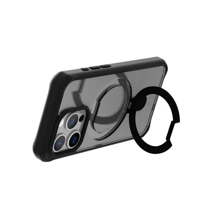 ItSkins Hybrid R Stand Funda con MagSafe Compatible con iPhone 15 Pro, Protección Caídas 3m, Soporte Plegable, Tecnología Antimicrobiana - Negro/Transparente