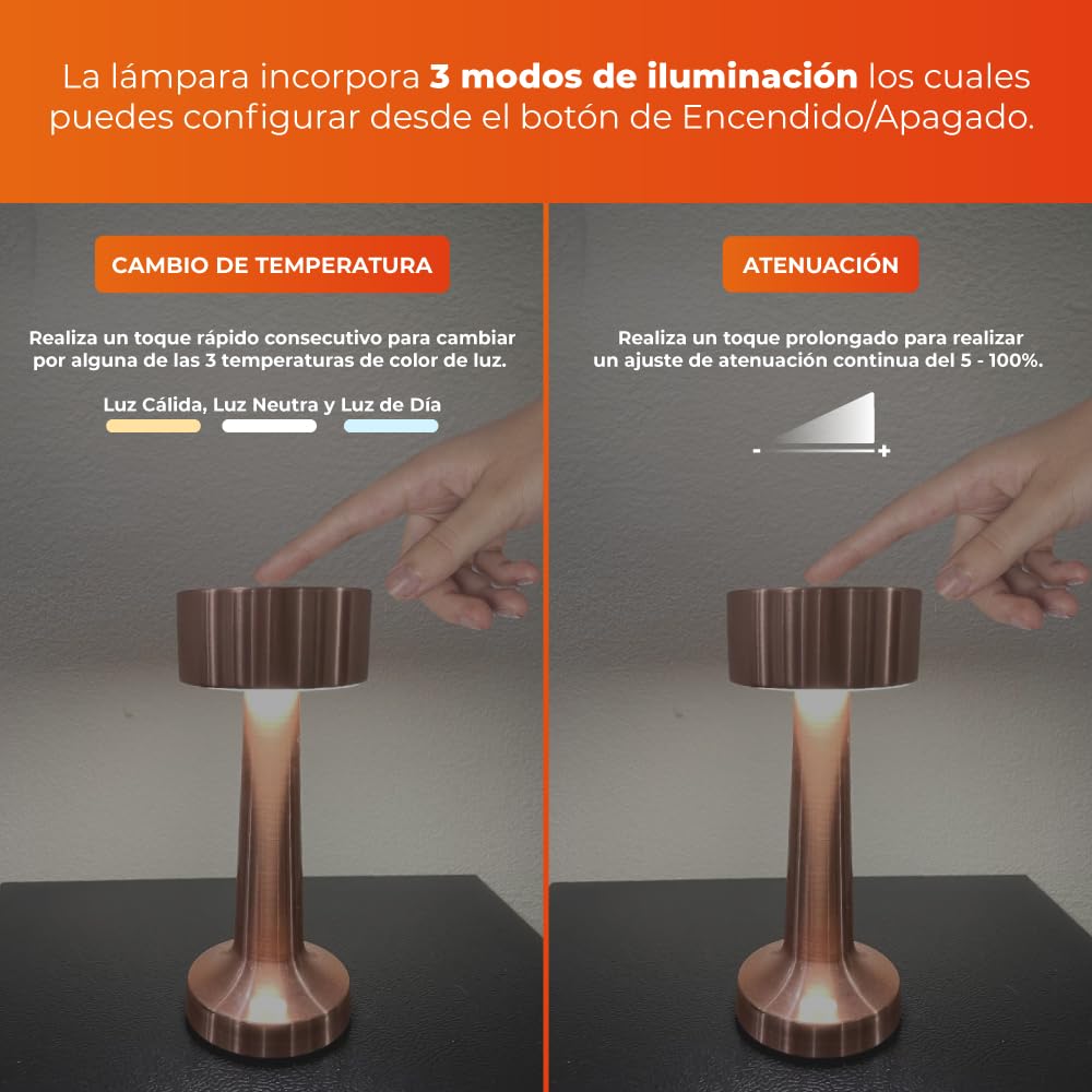 Tecnolite - Lámpara de Mesa LED 3 W Portátil, Recargable, Luz Blanca Ajustable y Atenuable Táctil, Lámpara Interior para Restaurante