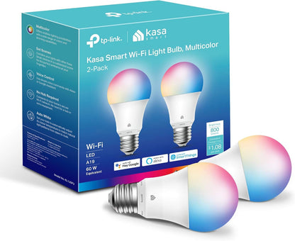 Kasa Smart - Bombillas WiFi inteligentes regulables que cambian a todo color y funcionan con Alexa y Google Home, A19, 9 W, 800 lúmenes, solo 2,4 GHz, no requiere hub, paquete de 2 (KL125P2), multicolor