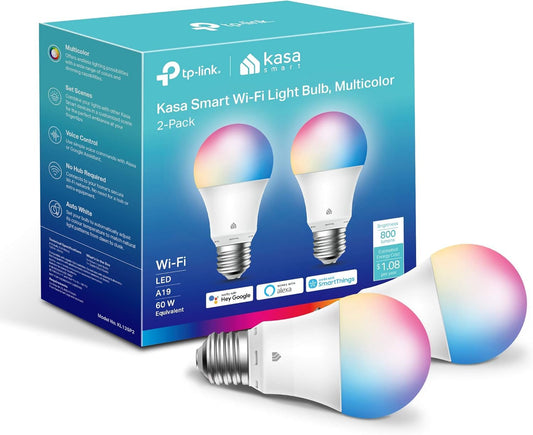 Kasa Smart - Bombillas WiFi inteligentes regulables que cambian a todo color y funcionan con Alexa y Google Home, A19, 9 W, 800 lúmenes, solo 2,4 GHz, no requiere hub, paquete de 2 (KL125P2), multicolor