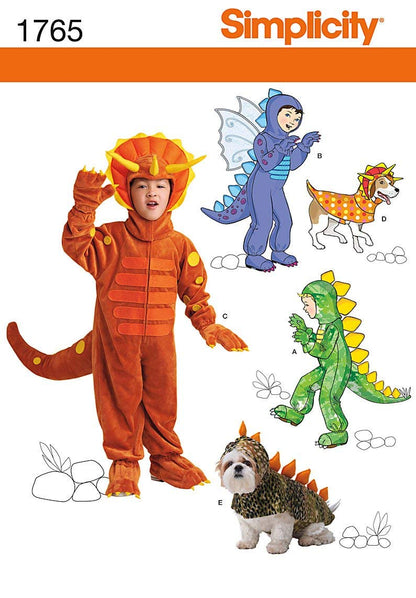 Simplicity 1765 - Patrones de Costura para Disfraz de Dinosaurio para niños y Perros, Tallas de 3 a 8 y Tallas de Perro