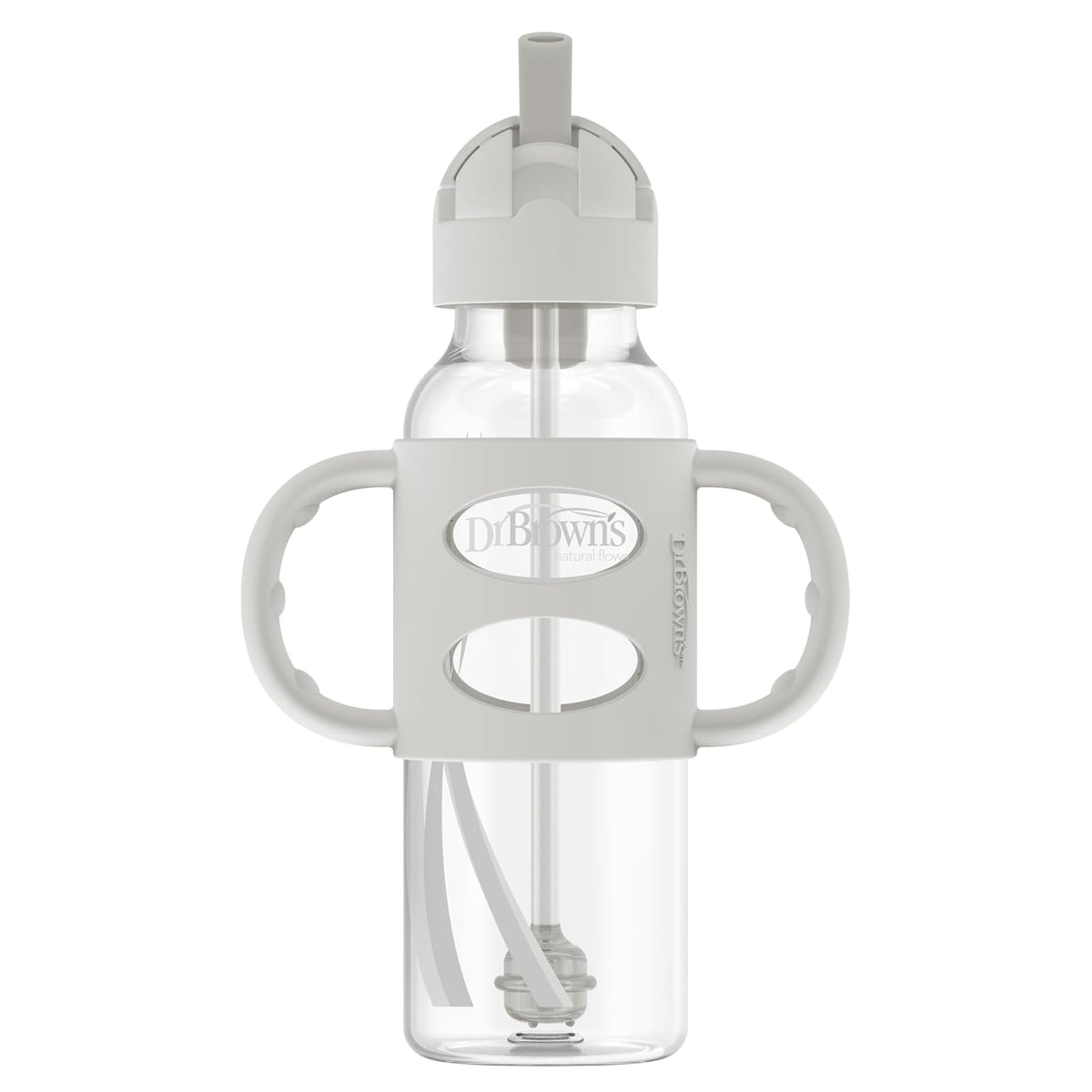 Dr. Brown's Milestones - Botella de paja estrecha para sorbos a prueba de derrames con asas 100% de silicona y popote con peso, 8 onzas/250 ml, gris, 6 m+
