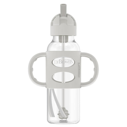 Dr. Brown's Milestones - Botella de paja estrecha para sorbos a prueba de derrames con asas 100% de silicona y popote con peso, 8 onzas/250 ml, gris, 6 m+