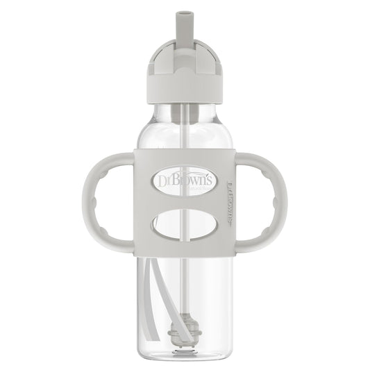 Dr. Brown's Milestones - Botella de paja estrecha para sorbos a prueba de derrames con asas 100% de silicona y popote con peso, 8 onzas/250 ml, gris, 6 m+