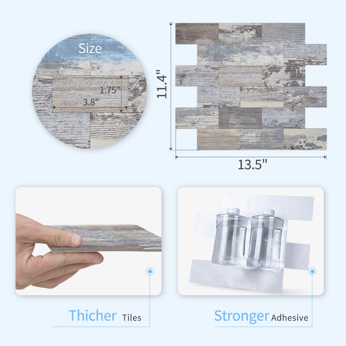 Art3d Paquete de 10 azulejos para despegar y pegar, 13.5 x 11.4 x 0.2 pulgadas. Azulejo de madera envejecida para cocina, baño, chimenea