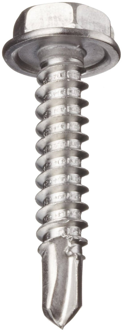 Stainless Steel Sheet Metal Screw, Plain Finish, Hex Head, External Hex Drive, Self-Drilling Point, 5/8" Length, #10-16 Threads (Pack of 100)