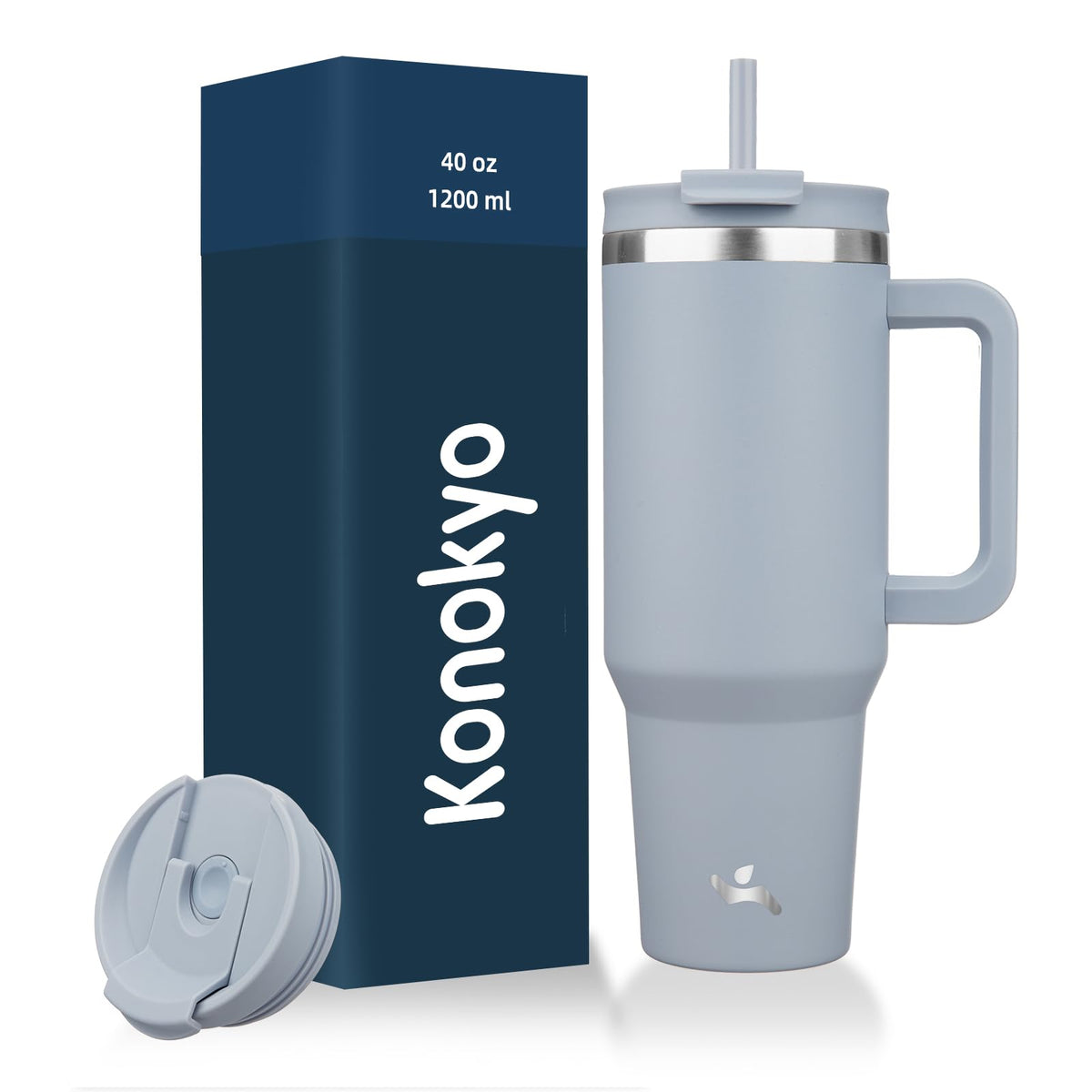 Konokyo - Vaso de 40 onzas con asa y 2 popotes, tapa 2 en 1, botella de agua aislada de acero inoxidable, taza de café de viaje, lavanda