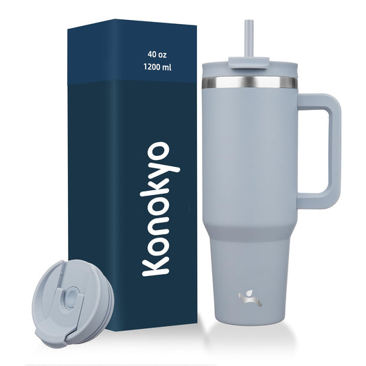 Konokyo - Vaso de 40 onzas con asa y 2 popotes, tapa 2 en 1, botella de agua aislada de acero inoxidable, taza de café de viaje, lavanda
