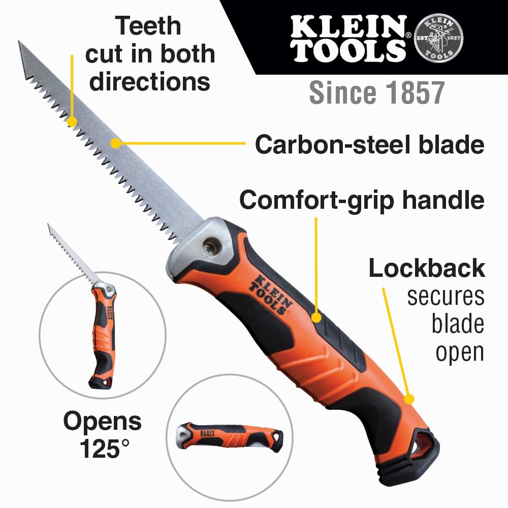 Klein Tools 31737 - Sierra de yeso plegable, sierra de mano con cierre trasero a 180 y 125 grados y agujero de amarre