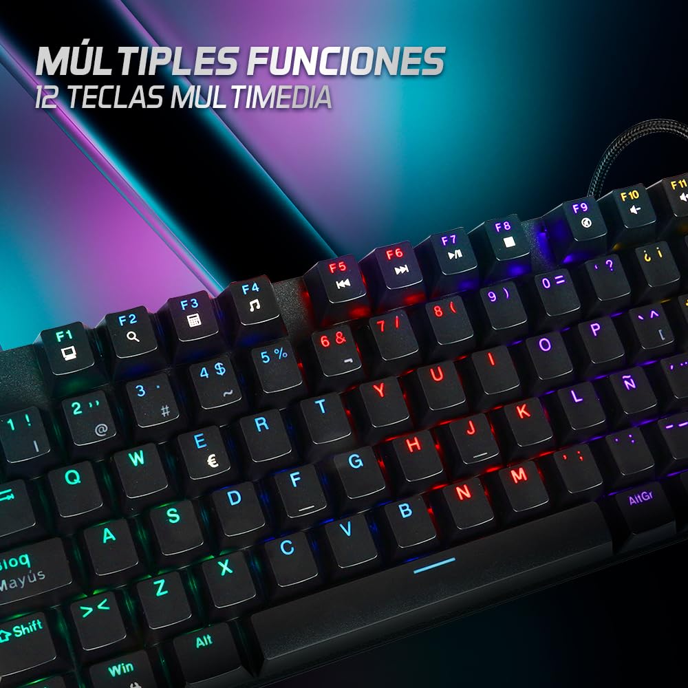 Vorago Start The Game KB-600 Teclado Mecánico Gamer, Compacto 80%, Switches Blue, Iluminación RGB, Base Metálica Resistente, 12 Teclas Multimedia, Ideal para Gaming y Oficina