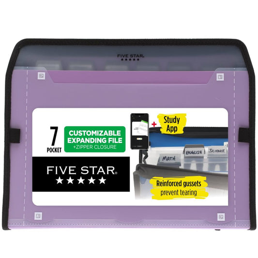 Five Star Organizador de archivos expandible de 7 bolsillos + aplicación de estudio, carpetas de archivos expansibles de plástico con pestañas personalizables y cubierta transparente, capacidad para
