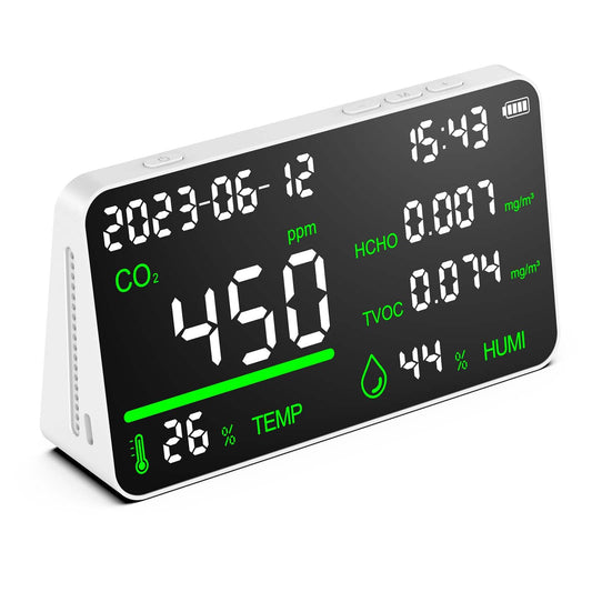 Monitor de calidad del aire 7 en 1, monitor de humedad interior, temperatura, CO2, TVOC, HCHO, hora, fecha de visualización de computadora, medidor de calidad del aire para oficina, hotel, restaurante