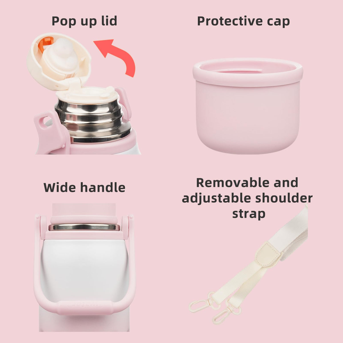BJPKPK Botella de agua térmica aislada de 50 onzas con tapa y asa de transporte, apta para lavaplatos, botellas de agua de acero inoxidable para exteriores, perla rosa