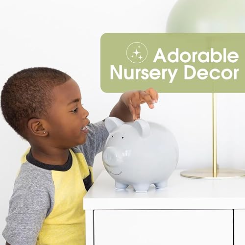 Pearhead - Alcancía grande de cerámica, ideal para niños y niñas, dinero y monedas para niños, decoración perfecta para guardería de bebé, gran regalo y recuerdo para recién nacidos, color gris sólido