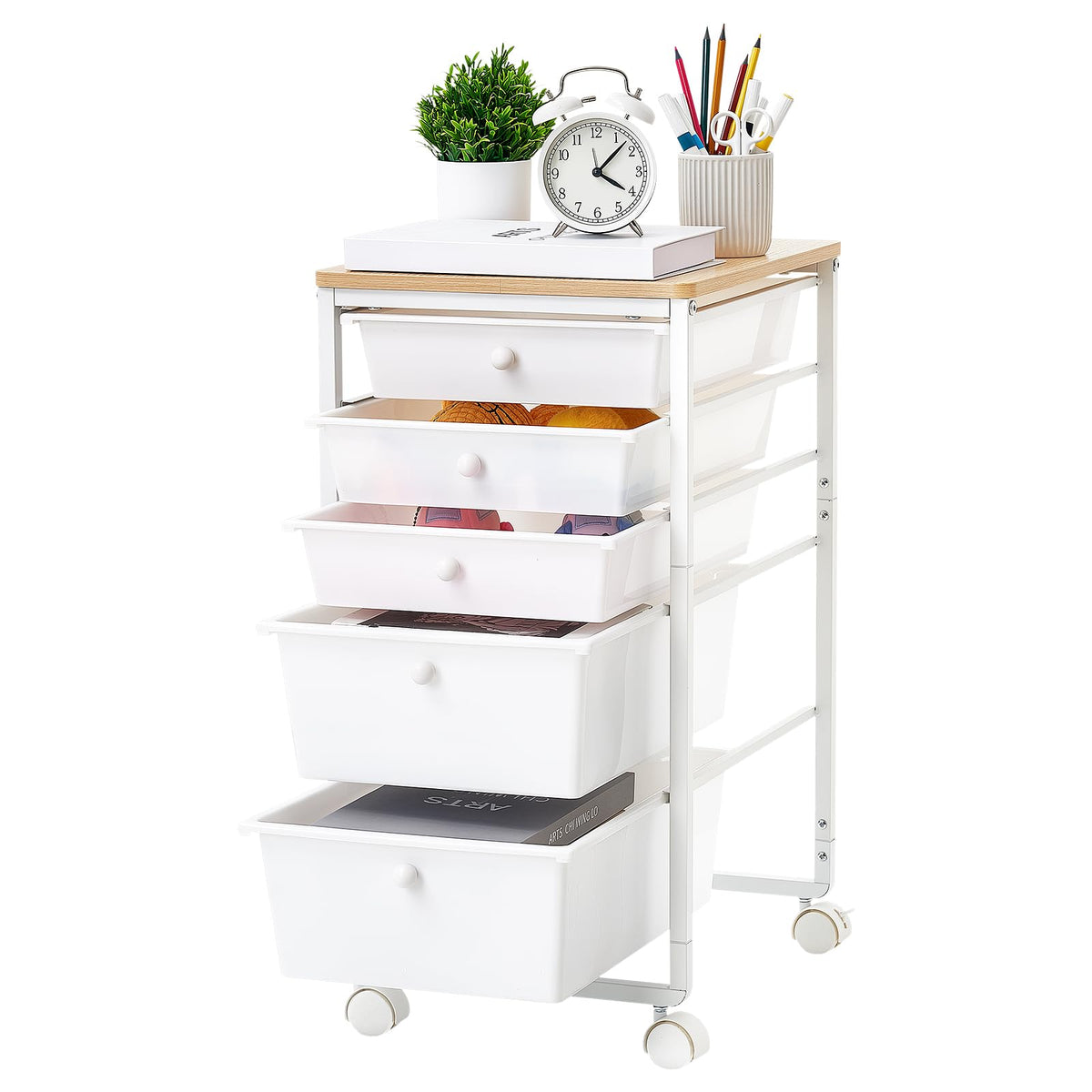 VEVOR Carrito Organizador de Metal con 5 Cajones, Carrito Almacenamiento | con Ruedas Giratorias de 360° y 2 Frenos, Tapa de Madera, Destornillador para Garaje Manualidades Baño Oficina Dormitorio