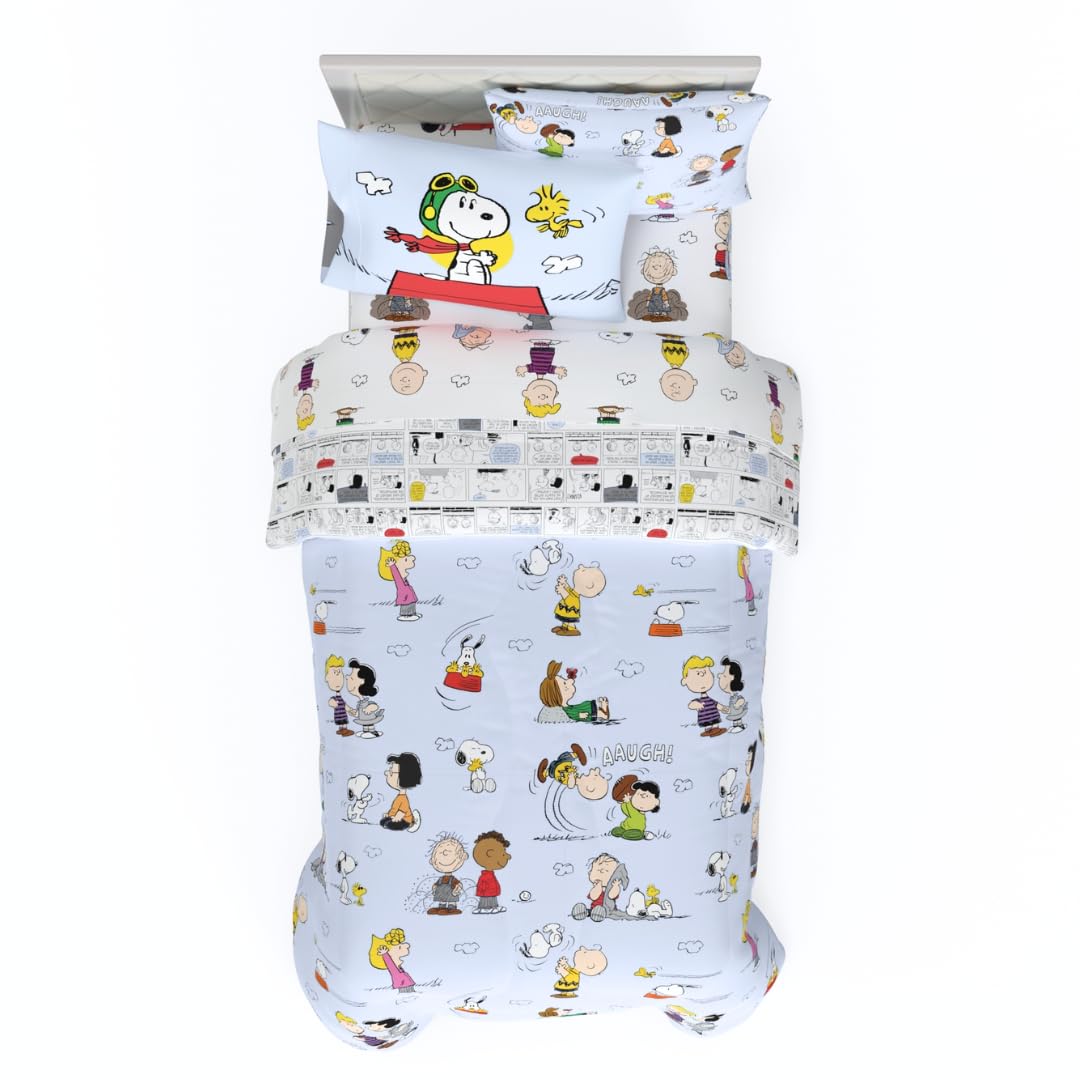 Franco Juego de Edredón y Sábanas Snoopy Microfibra - 5 Piece Twin Size - Azul claro - Cacahuetes
