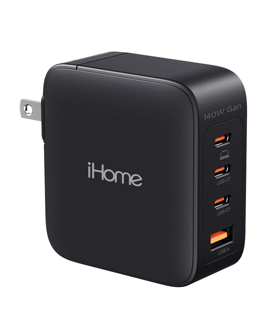 Cargador iHome 140W GAN: Cargador Universal para Laptop de Cuatro Puertos con (3) Puertos USB-C Power Delivery y (1) Puerto USB-A, Cargador de Pared Compacto y Portátil