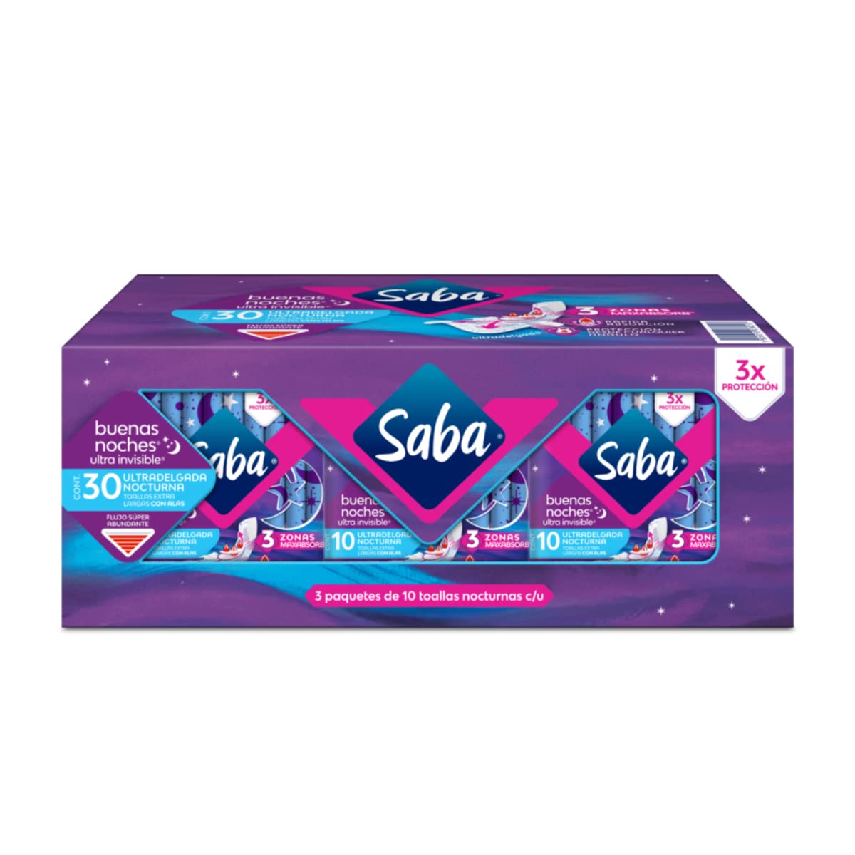 Saba Ultra Invisible Buenas Noches, Toallas Nocturnas Con Alas, 22 Pzs + 30 Piezas, Grande, Pack De