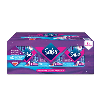Saba Ultra Invisible Buenas Noches, Toallas Nocturnas Con Alas, 22 Pzs + 30 Piezas, Grande, Pack De