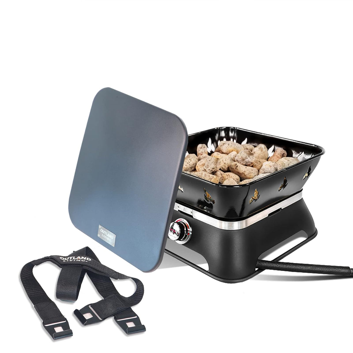 Outland Living Firebowl 805 Firecube - Chimenea de propano Cuadrado portátil sin Humo de 14 Pulgadas, fogata de Gas para Exteriores con Cubierta y Kit de Transporte, Rocas de Lava, 58.000 BTU, Color