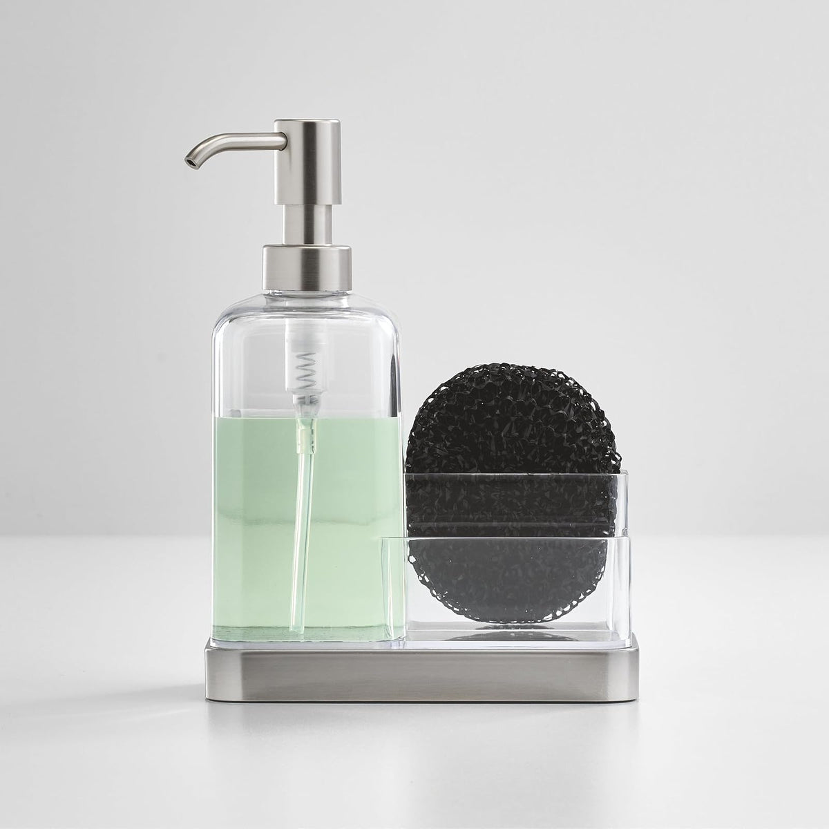 interDesign Forma Soap and Sponge Caddy, Brushed Stainless Steel and Clear