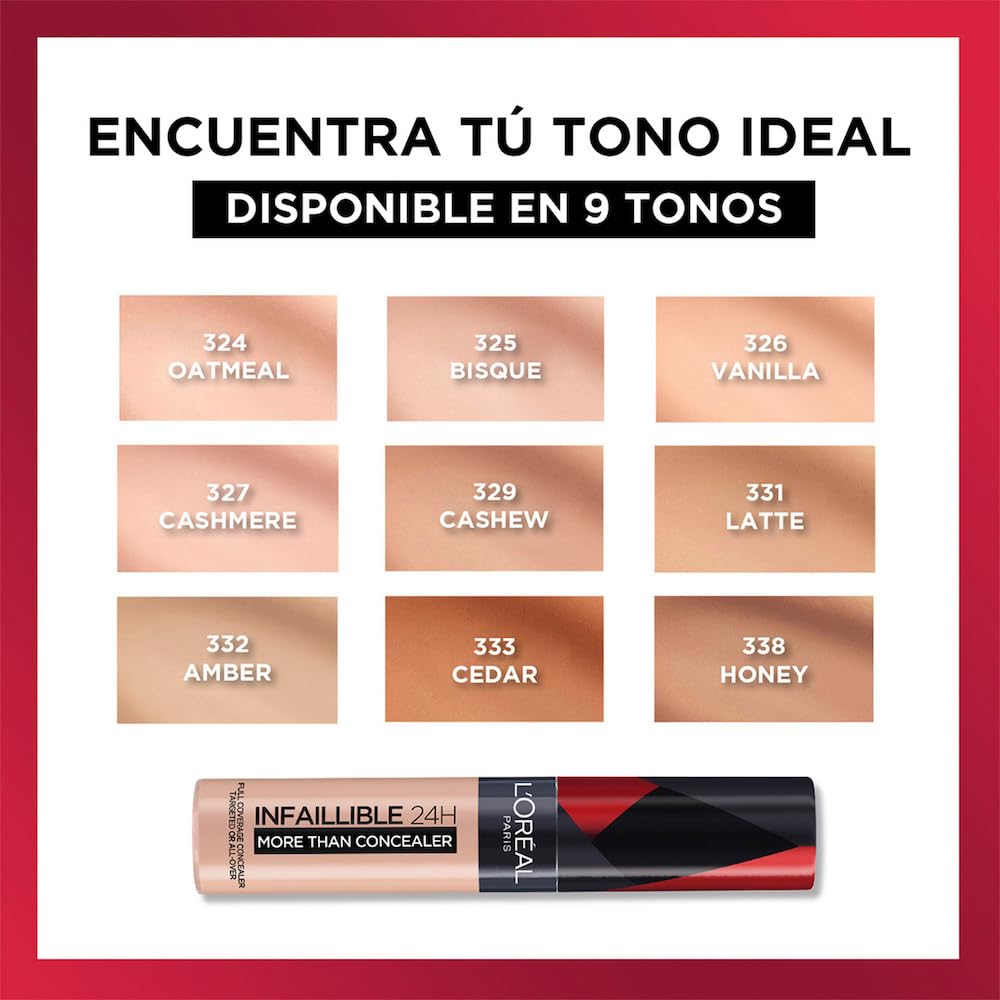 L'Oréal Paris corrector líquido de larga duración 24h, Infallible More than concealer,Tono 325 Bisque, 14.4ml