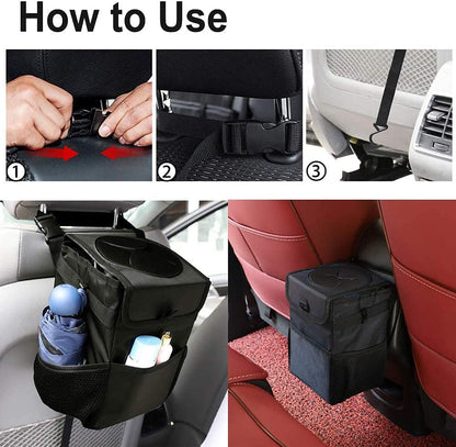 Kartisen - Papelera para automóvil con tapa y bolsillos de almacenamiento, 100% a prueba de fugas, impermeable, cubo de basura multiusos para automóvil