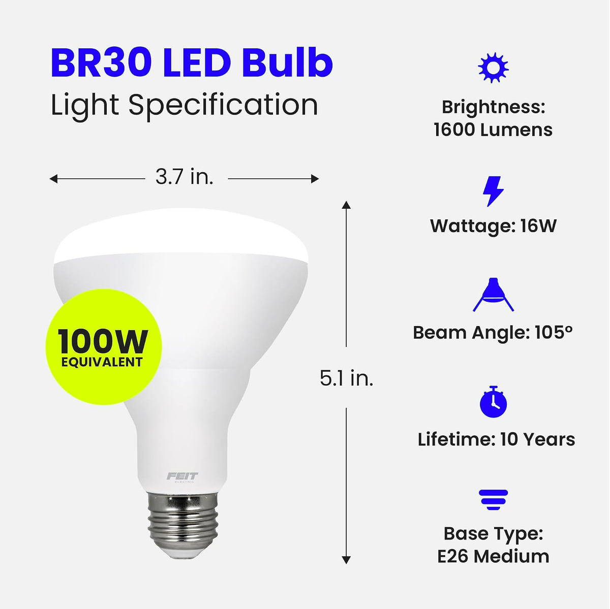 Feit Electric - Bombillas LED BR30, equivalente a 100 W, regulables, base estándar E26, 80 CRI, 1400 lúmenes, 2700 K, blanco suave, 120 V, 10 años de vida, clasificación húmeda, paquete de 6,