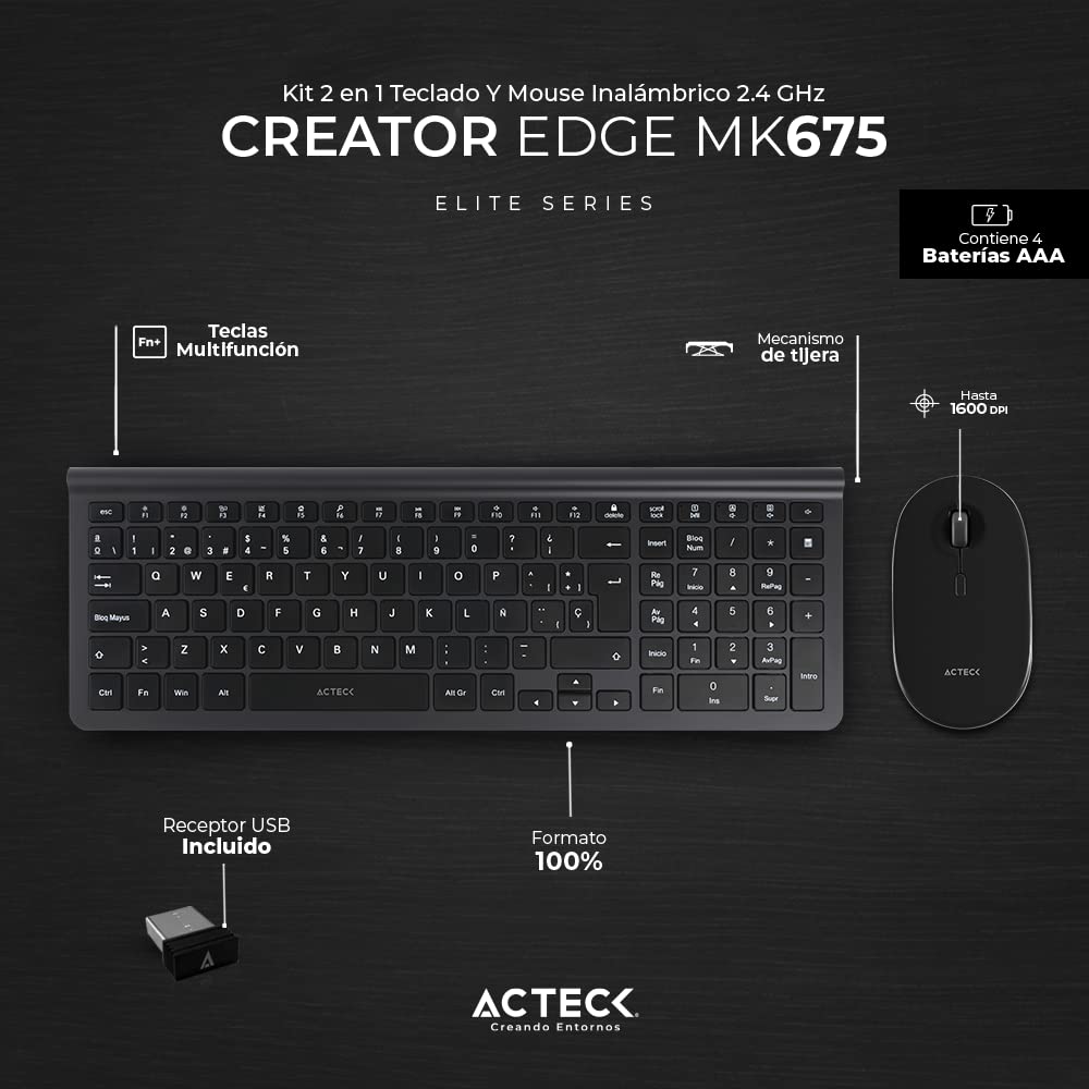 ACTECK Combo Multidispositivo 2 en 1 Creator Inspire Edge MK675 / Teclado + Mouse 2.4Ghz+BT Ultra Delgado + 2xBat AAA Incluida Grafito Elite Series