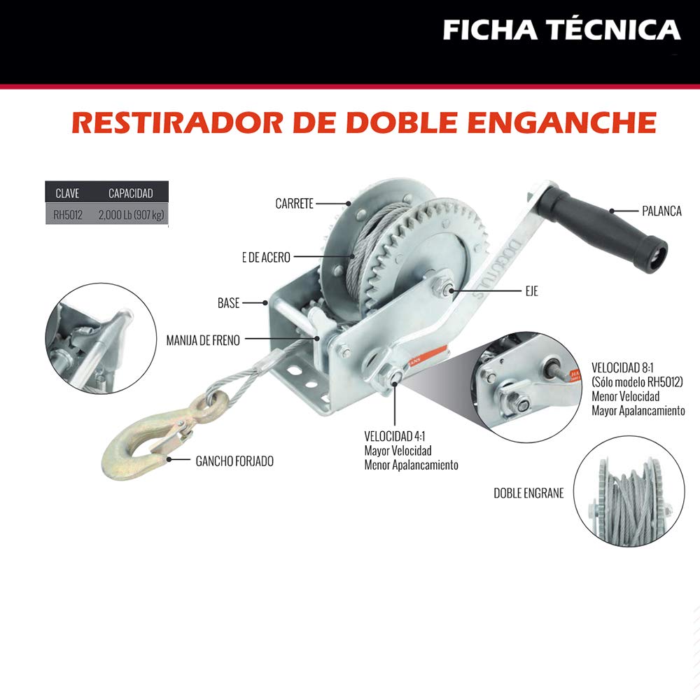 Dogo Tuls RH5012 Restirador Manual, 2000 Lbs, Cable Acero Doble Engrane