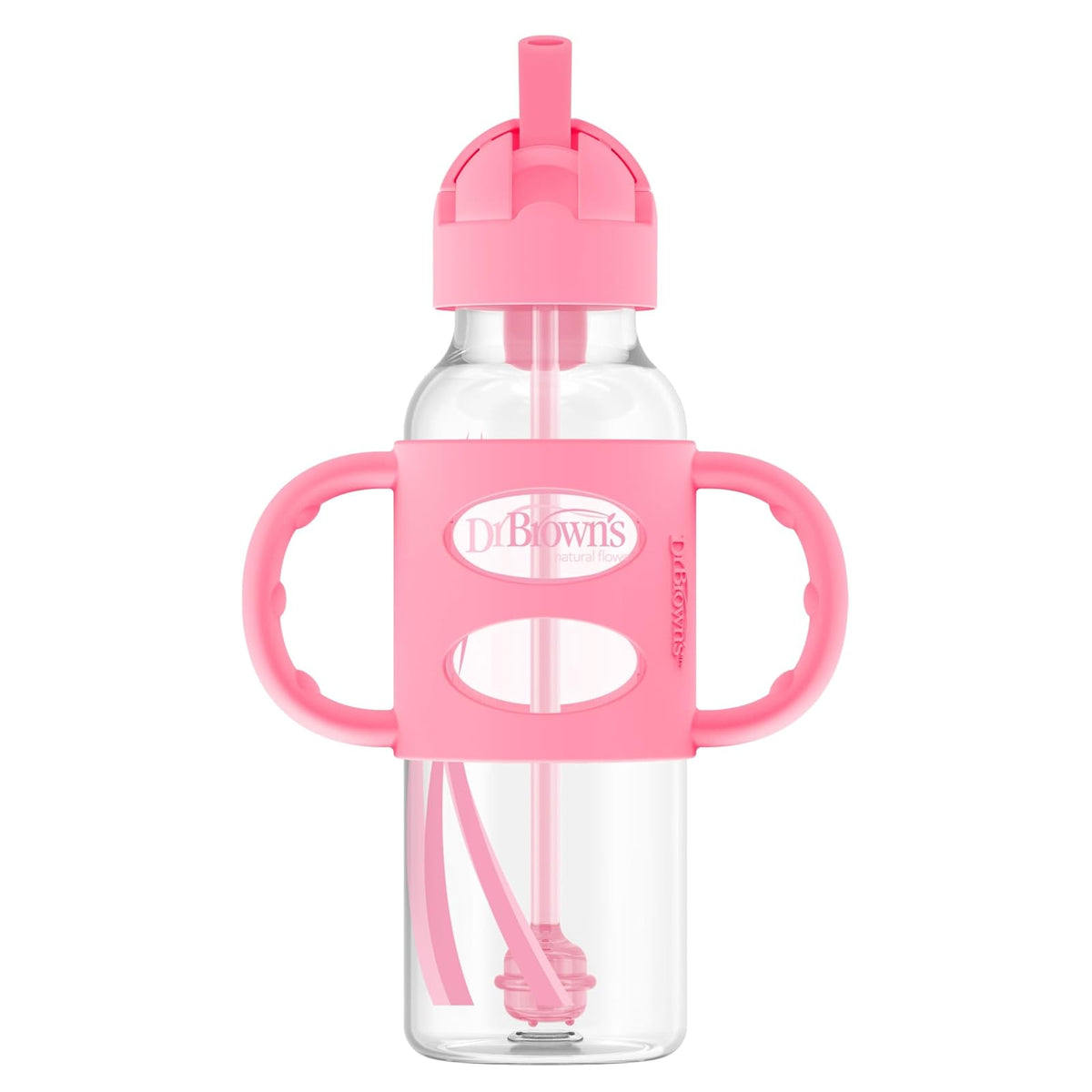 Dr. Brown's Milestones Botella de Paja con Asas de Silicona, 8 oz, 6 Meses+ - Rosa - Rebel Fun.