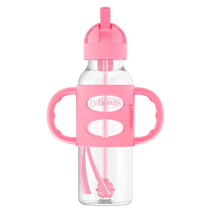 Dr. Brown's Milestones Botella de Paja con Asas de Silicona, 8 oz, 6 Meses+ - Rosa - Rebel Fun.