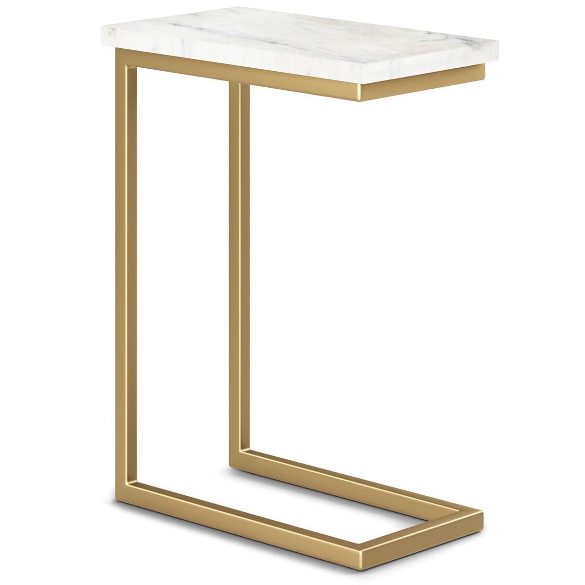 SIMPLIHOME Skyler - Mesa Auxiliar de Metal de 18 Pulgadas de Ancho en Blanco y Dorado, en Forma de C con Parte Superior de mármol Genuino para Sala de Estar, recámara u Oficina en casa