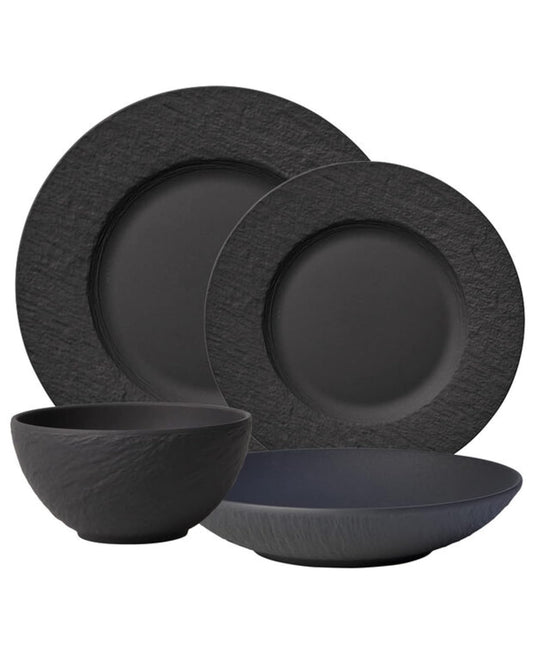 Villeroy & Boch Manufacture Rock Juego de 4 piezas, platos y cuencos, porcelana premium, fabricado en Alemania, negro mate