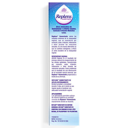 Replens, Humectante Vaginal de Larga Duración, Caja con 6 Aplicadores. Ayuda a Restaurar la Humedad Vaginal Interna hasta por 3 Días. Libre de Hormonas, sin Fragancia. Marca #1 Recomendada por Médicos | Restaura la Humedad Vaginal Interna hasta por 3 Días