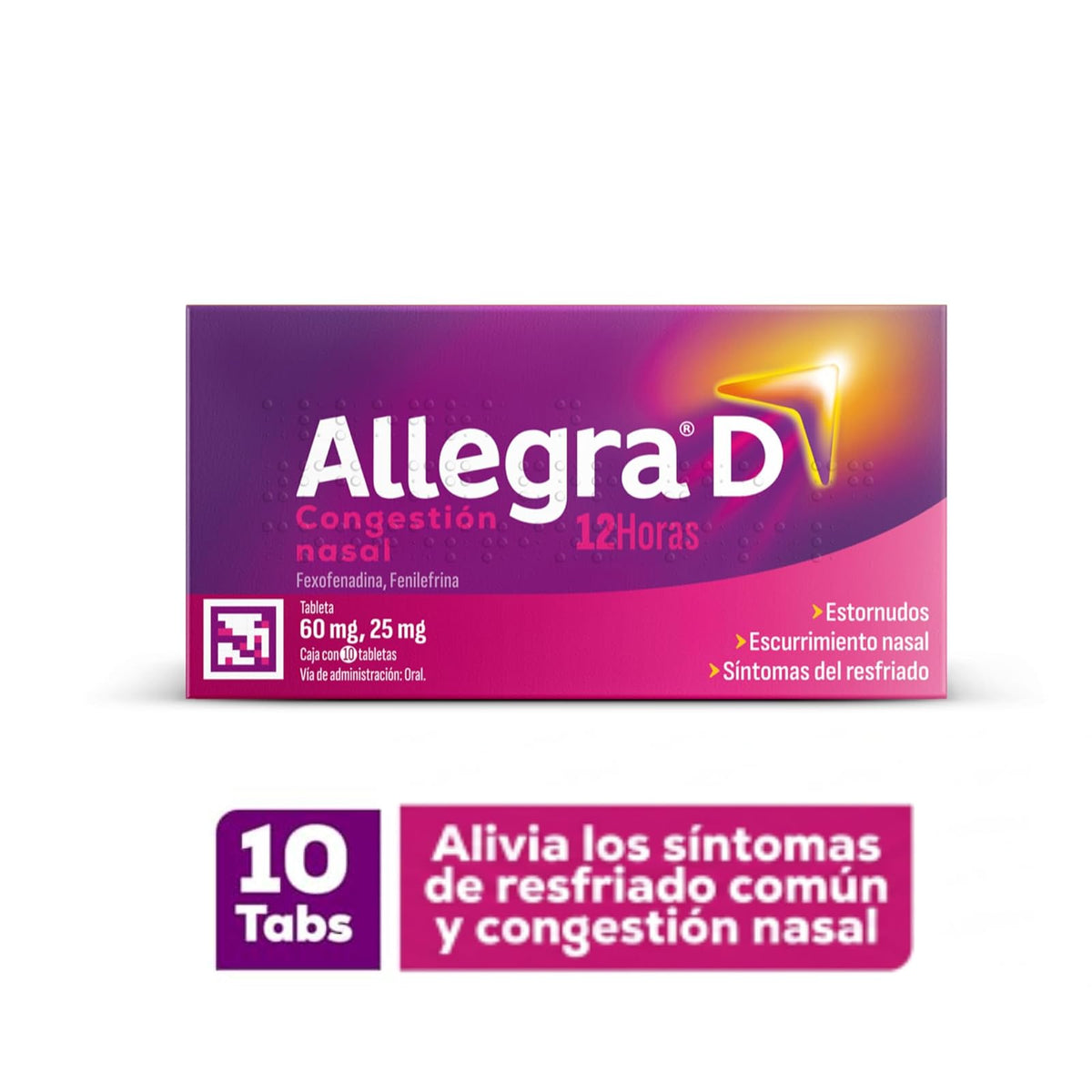 Allegra D antihistamínico para congestión nasal y alergias, 10 tabletas.