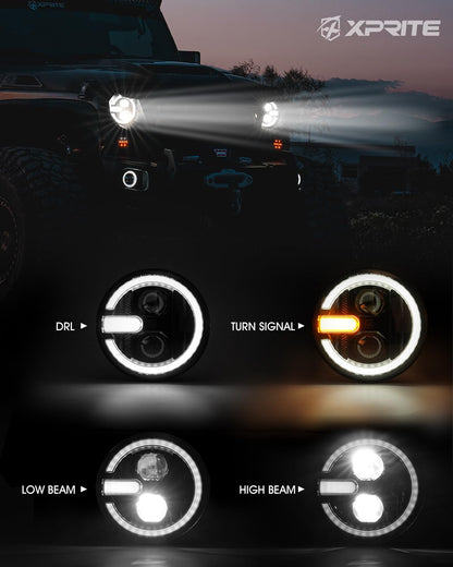 Xprite Faros LED de 7 in con Señal de Giro Ámbar y Halo, Compatible con Jeep Wrangler