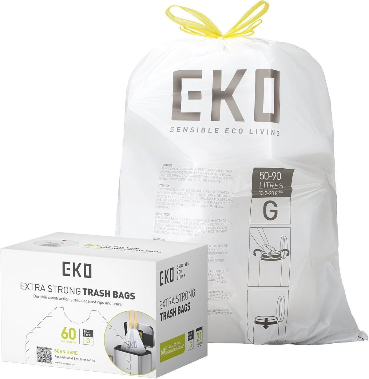 EKO Bolsas de Basura extrafuertes con cordón Tamaño G. 50-90 Litros. 60 unidades