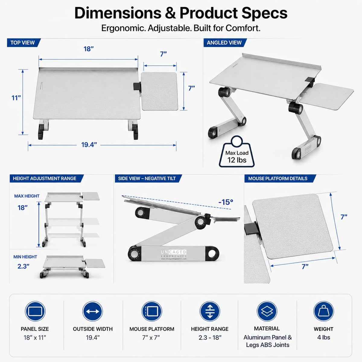 WorkEZ - Bandeja ergonómica para teclado y mouse, altura ajustable, ángulo negativo, inclinación para sentarse en el computadora, mesa de computadora, soporte para computadora de pie, elevar teclados a la altura de pie, color plateado