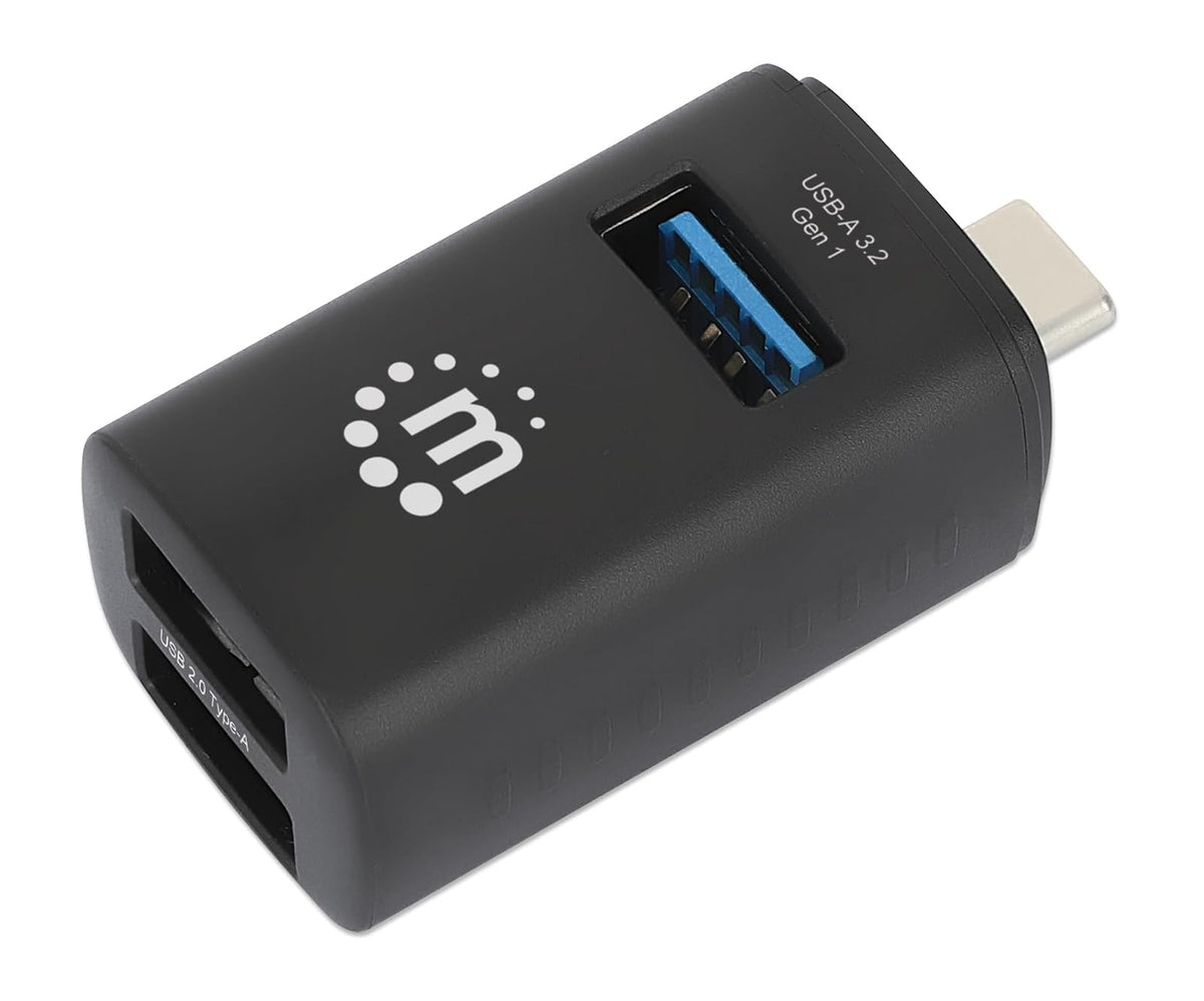 Manhattan 180993 Hub USB-C Negro: 1 Puerto USB 3.0 y 2 USB 2.0, Diseño Ultraportátil, Alimentación por Bus