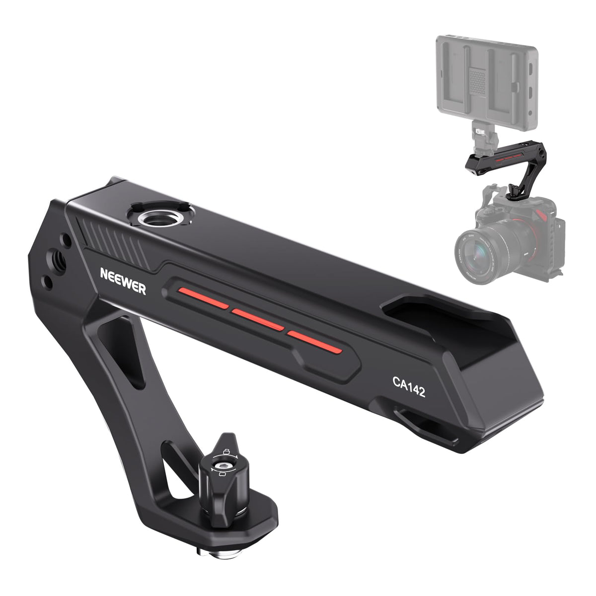 NEEWER BÁSICO Top Handle Cámara Ligera con 3/8" Pin para ARRI, Resistente Jaula Plástica Empuñadura Handle Grip w/ 1/4" 3/8" Agujeros Tornillo & Zapata Fría para Luz Video Mic, Carga Máx 10kg, CA142
