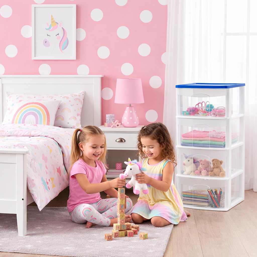 Italhome Cajonera FOX 4 de Plástico 4 Cajones Transparentes, Organizador Multiusos para Hogar y Oficina, Mueble Ligero Resistente, Fácil Limpieza, Color Azul