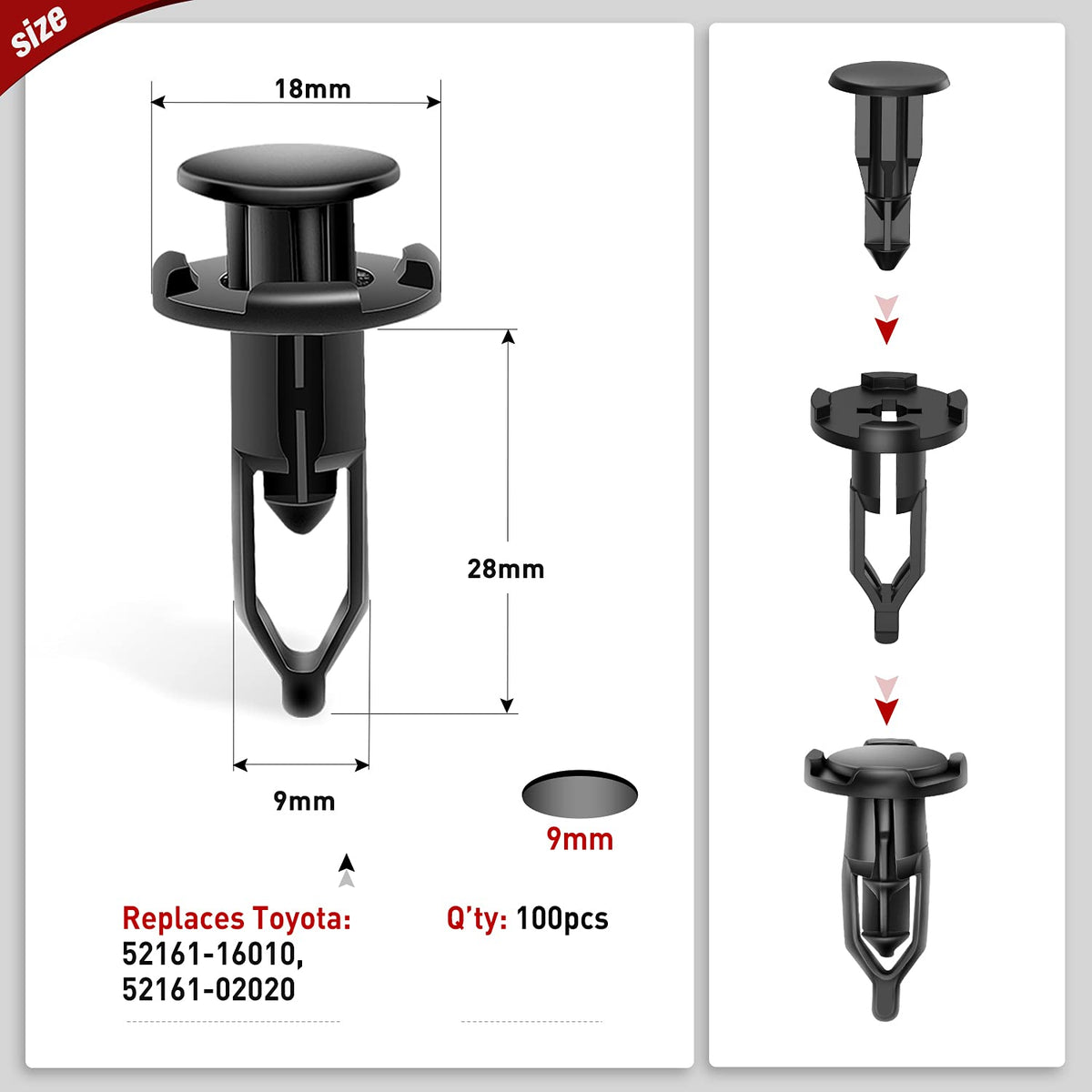 Nilight BL-71-A 100 Clips de Nailon Tipo Empuje 9 mm para Toyota con Removedor de Cierre