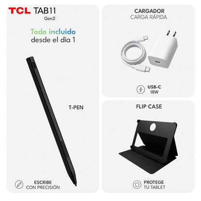 TCL Tab 11 Gen2 | Tablet Android 14 | Pantalla 10.95” | 6GB RAM + 256GB | Incluye T-Pen y Flip Cover